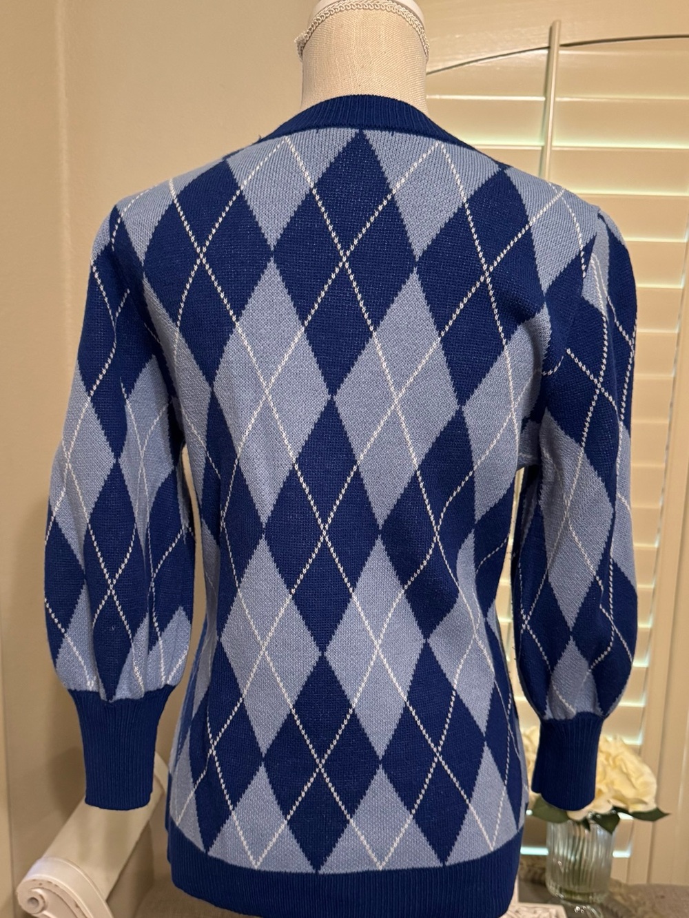 New York and Company Blue Argyle Classic Crewneck Sweater - Picture 5 of 8